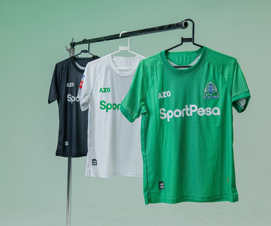 The Gor Mahia 26/27 shirts on a rail